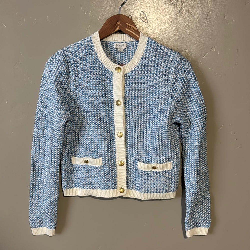 Blue and White Women's Popcorn Stitch Cardigan